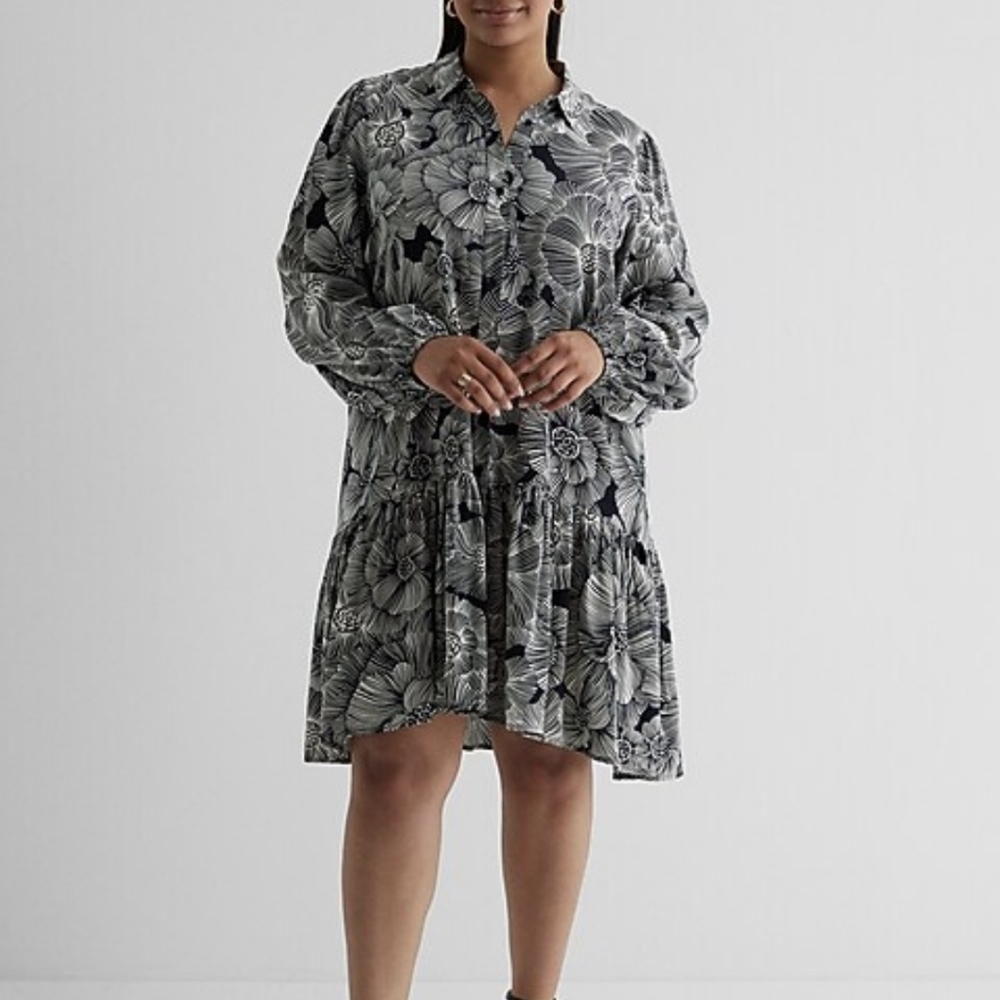 Express Floral Ruffle Hem Oversized Shirt Dress Large
